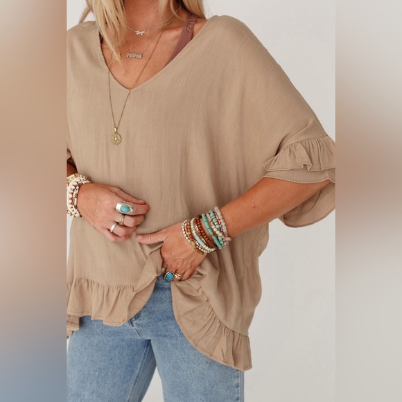 Light French Beige Loose Ruffled V Neck Blouse Bohemian Top - Picture 4 of 14